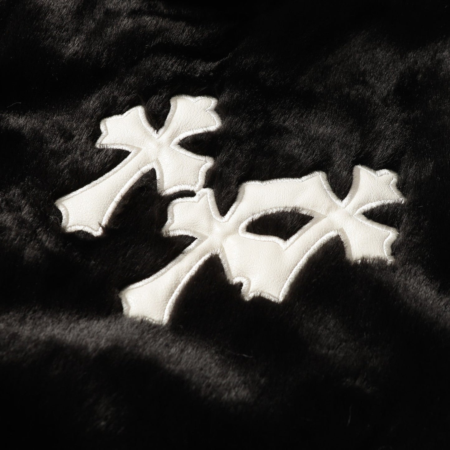 クロムハーツ フェイクファー クロス バーシティジャケット - ブラックホワイト ゴシック ストリートウェア 035