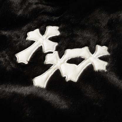 クロムハーツ フェイクファー クロス バーシティジャケット - ブラックホワイト ゴシック ストリートウェア 035