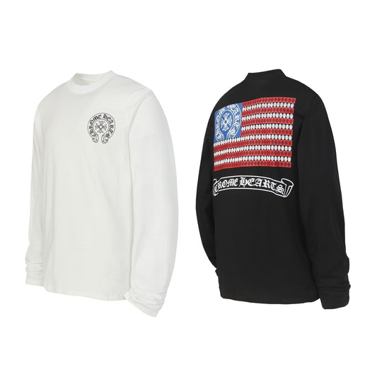 クロムハーツ ロゴ フラッグ 長袖 Tシャツ - ブラック ホワイト ゴシック ストリート Tシャツ K2126